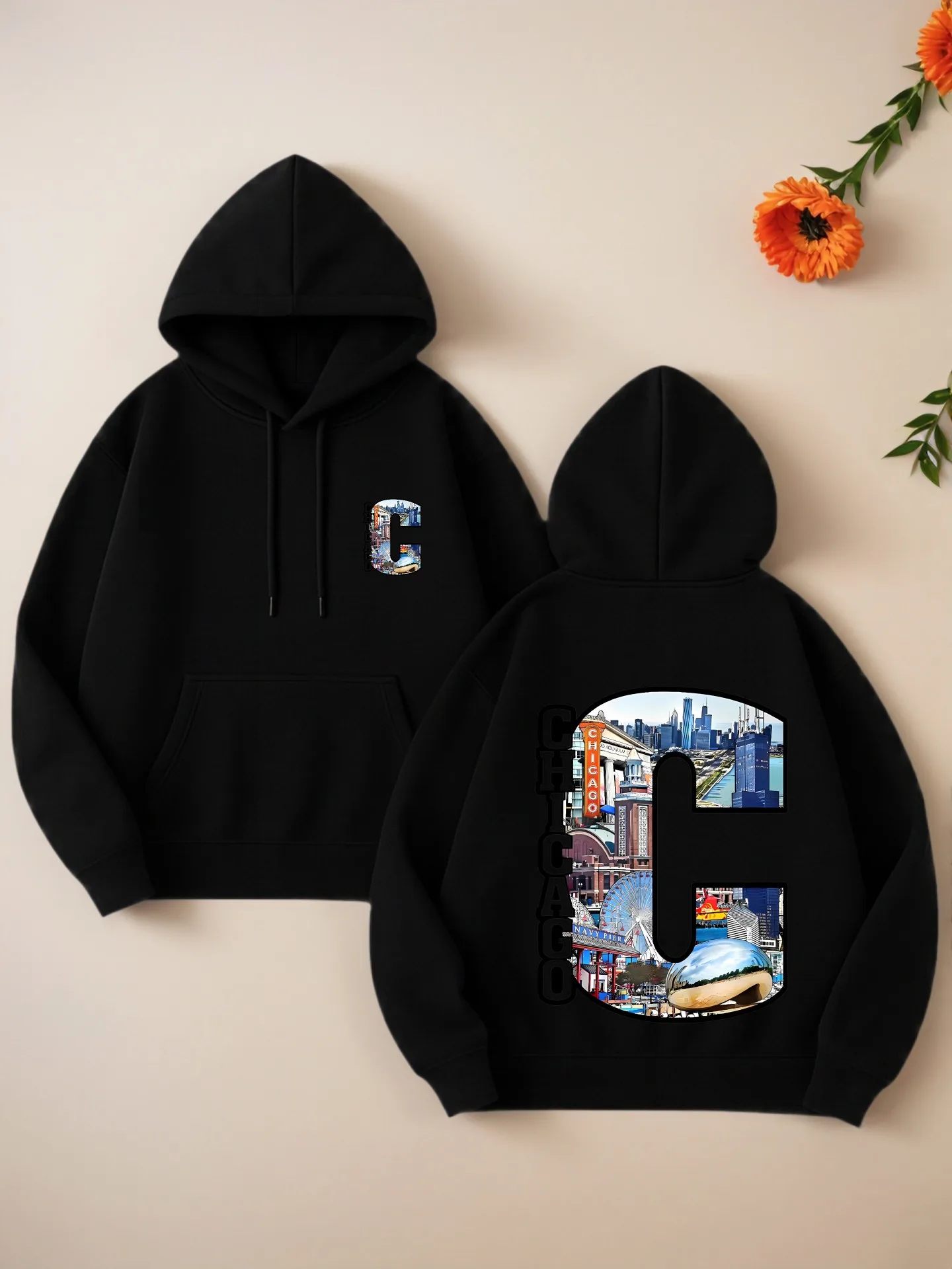 

Graphic Hoodie, Chicago - Themed Letter Print, Streetwear Style, Soft Fabric, Casual Everyday Wear, For Men
