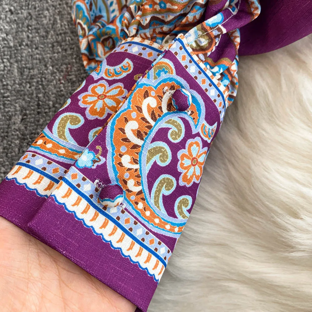 الرجعية المحكمة الأوروبية الوقوف طوق واحدة الصدر زر جرس كم الخصر Cinching مطوي التخسيس طويل طباعة ألف خط فستان #6