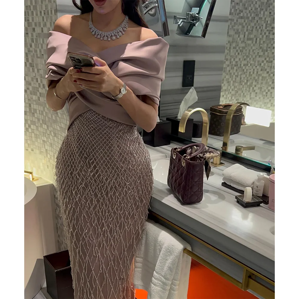 

Customized Off The Shoulder Long Evening Dresses Elegant Formal Occasion Prom Gowns Beading 2025 Ankle Length Prom Dresses