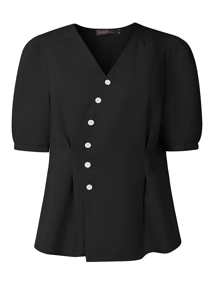 

ZANZEA 2022, элегантные офисные рубашки с короткими рукавами-фонариками, женская летняя однотонная блузка, стильная рабочая туника, топы, асимметричные блузки на пуговицах