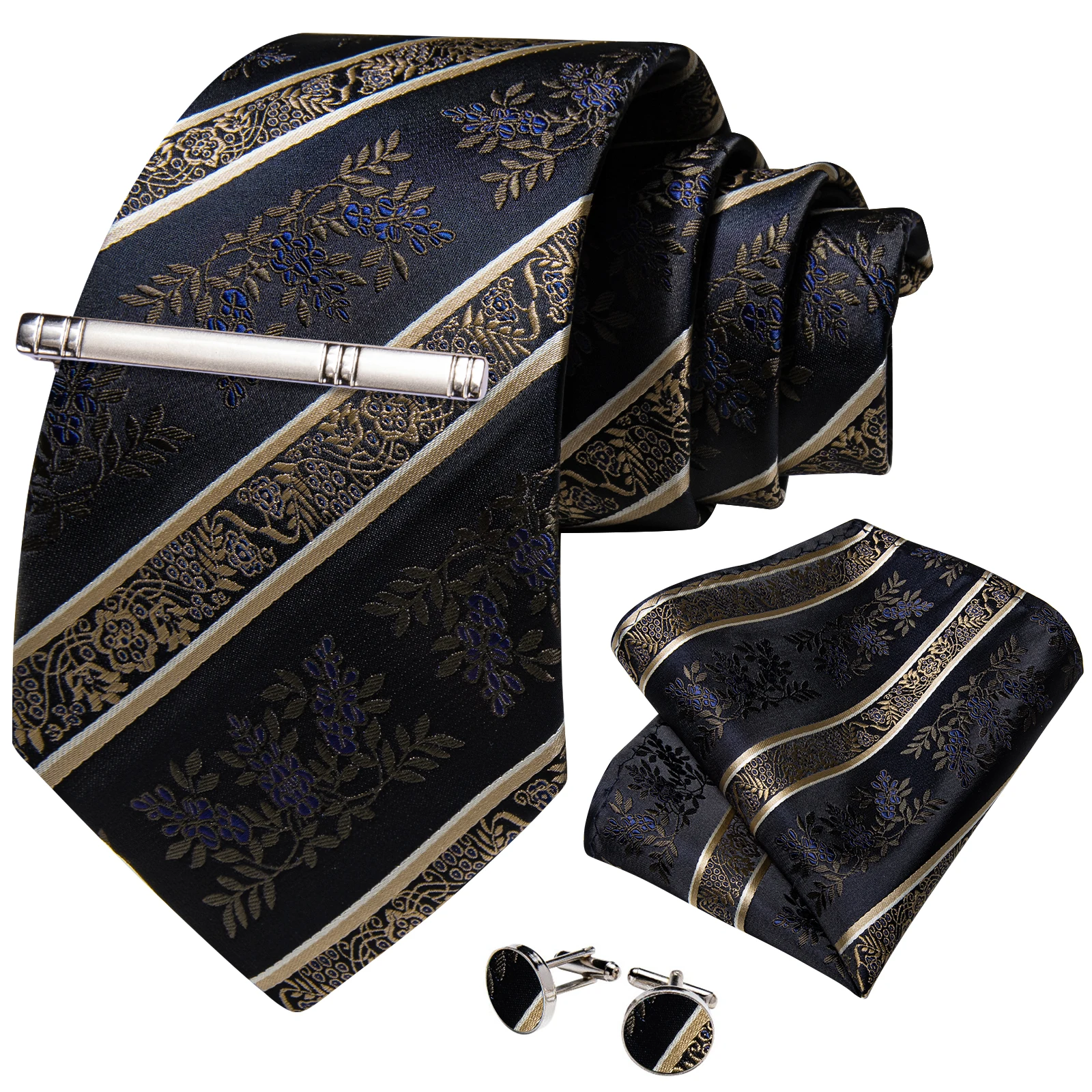 Men\'s Tie Set with Clip Luxury Retro Striped Floral 8cm Necktie Handkerchief Cufflinks Wedding Party Business Accessories Gift