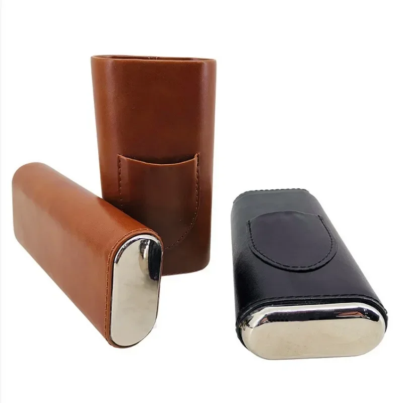 

Good Quality Cigar Case Three-Finger Portable Cigar Humidor Cowhide Material Leather Case Box With Silver Cigar Cutter Gift