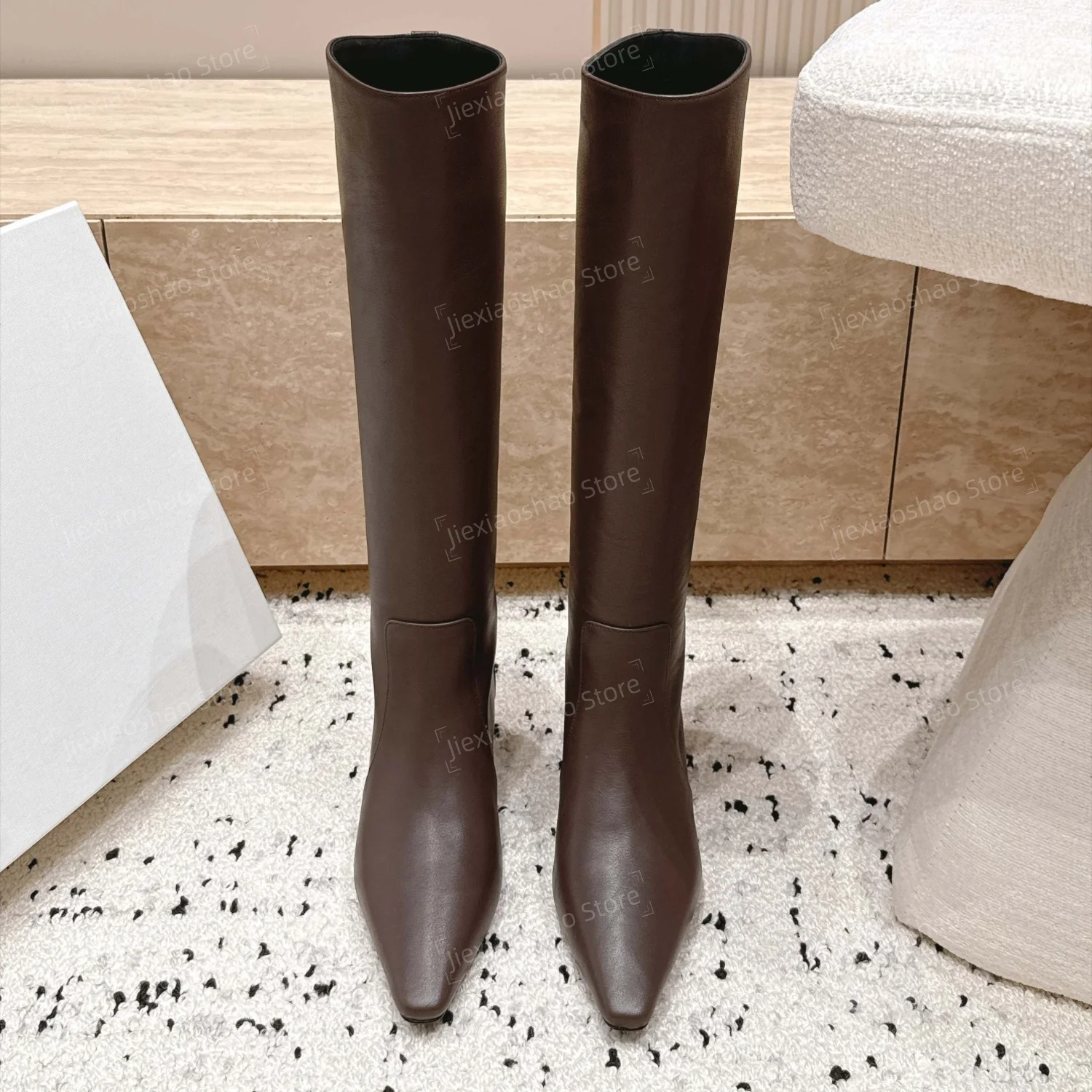 2026 New Collection Top Quality Handmade Genuine Leather Square-Toe Low Heel Knee High Boots Woman Knight Boots Zapatos De Mujer