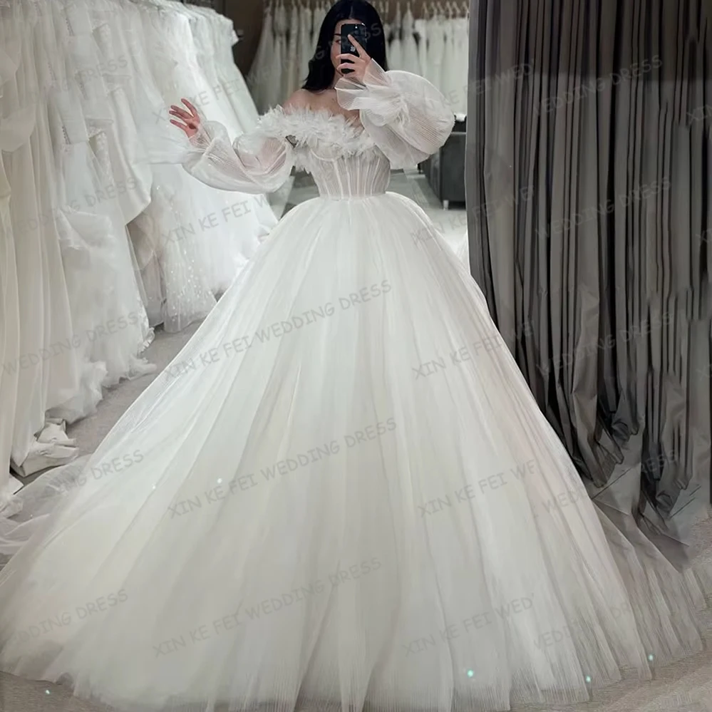 ผู้หญิงหรูหราชุดแต่งงาน A-Line ปุยยาวพัฟแขน Elegant Princess Glitter ชุดเจ้าสาว Vestidos De Novia ที่กําหนดเอง