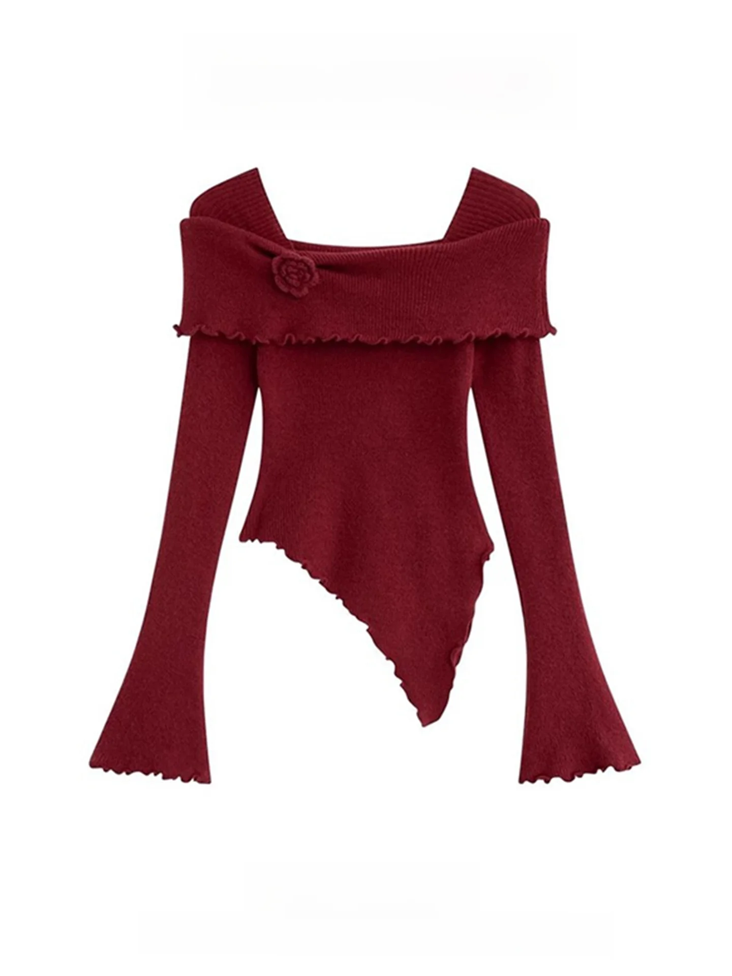 

Red Floral Lace Knitted Top Asymmetrical oulder Bell Sve Base Layer Sweater Women Early Autumn Spicy Girl Ele Lady