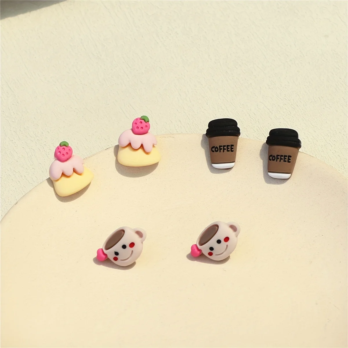 3Pairs/Set Cute Polyresin Cartoon Strawberry Cake & Coffee Cup Stud Earrings for Women for Daily Decoration