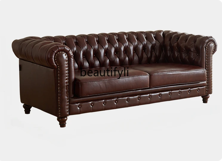 

American Light Luxury Sofa Living Room Solid Wood Retro Small Apartment Three-Seat Leather Straight Row Leather Sofa Combination