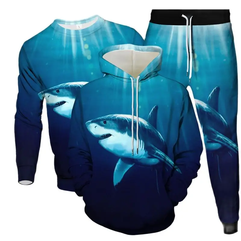 Animal Shark Dolphin Fish Great Wave 3D Print Men Casual Clothes Plus Size 6XL Suit Hoodies Sweatshirt Pants 3pcs Set Tracksuit