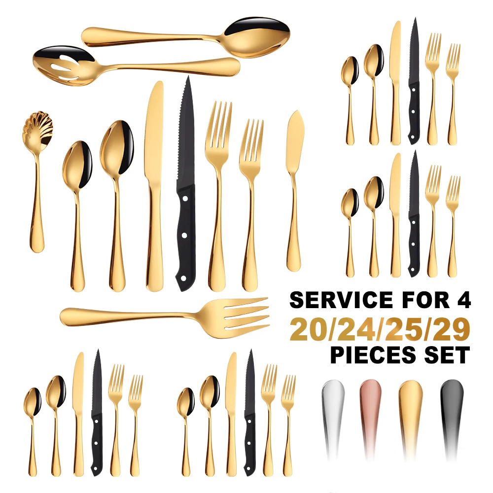 

20/24/25/29 Pieces Black Silverware Set with Serving Utensils Steak Knife Flatware Set for 4 Stainless Steel Cutlery Tableware