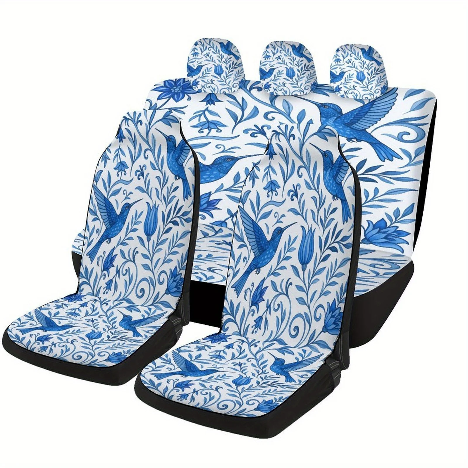 

Blue Hummingbirds & Floral Pattern Car Seat Cover Set - Stylish Polyester Full Coverage Protectors For Front & Rear Seats, Machi