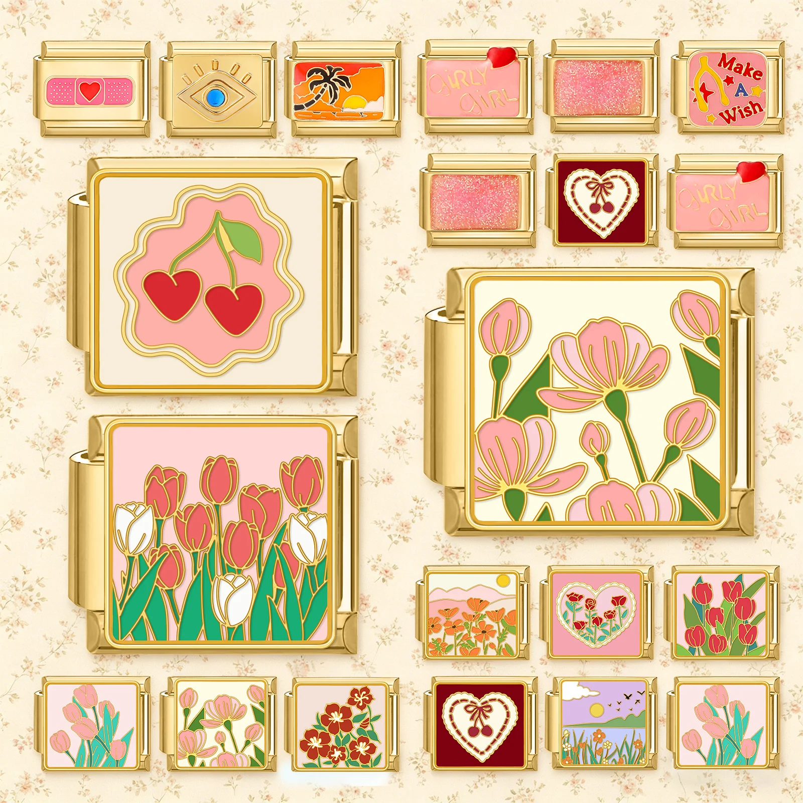 Y2K Hot 9mm Width Creative Tulip Rose Cherry Eyes Sunset Girl Gold Color Italian Charm Links Fit 9MM Bracelet Jewelry Making