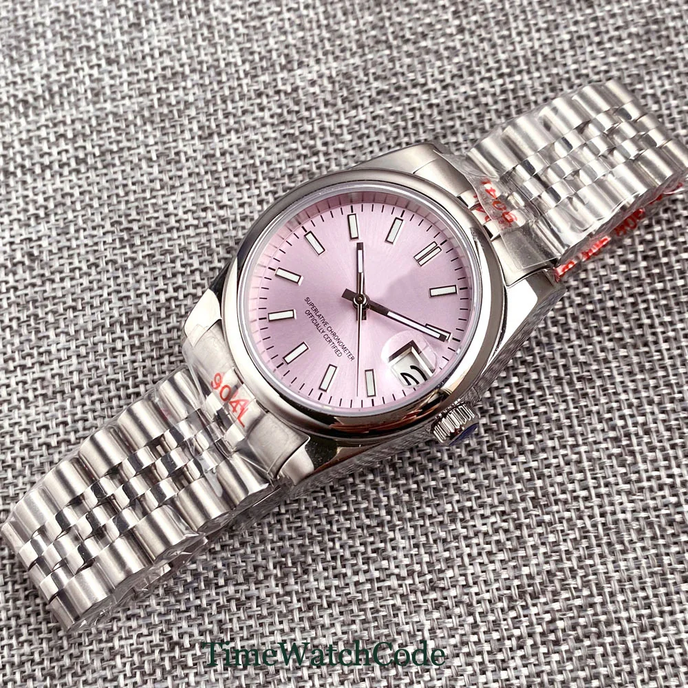 Tandorio Automatic Watch for Men NH35A Movement 36mm or 39mm Luminous Pink Dial Sapphire Crystal Screw-in Crown Fluted Bezel