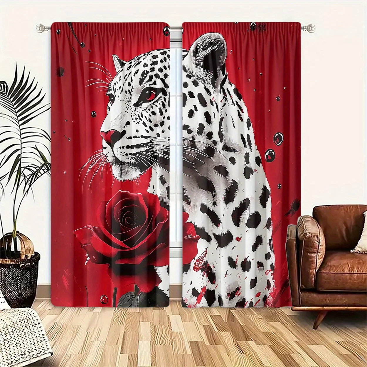 Blood Ink Leopard Rose Curtain 2 Panels,Spotted White Panther Red Flower Splash Red Print,Curtains for Dorm Trendy Style Curtain