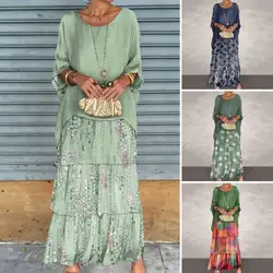 Female Elegant Floral Print Chiffon Boho Long Dress 2024 Spring Round Neck Women Pullover Dress Half Bat Sleeve Cake Skirt Dress