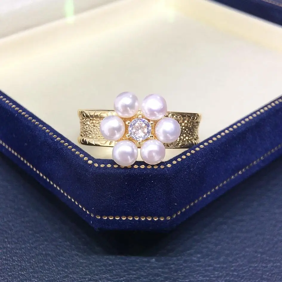 

ZHBORUINI 4-4.5mm Mini Freshwater Pearl Rings Six Pearls Retro Wide Ring Adjustable Opening Zircon High Jewelry Rings For Women