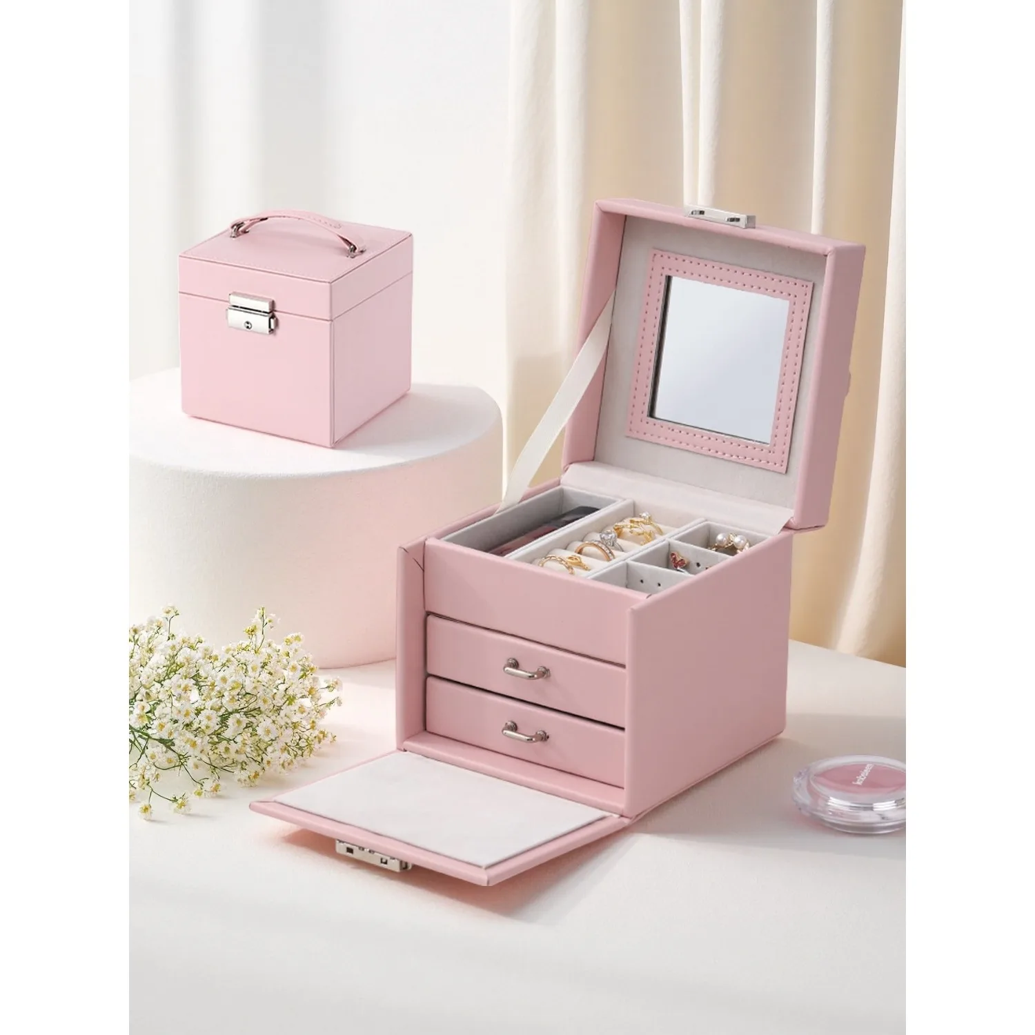 

Portable 3-Layer Jewelry Box, High-Grade PU Leather Drawer Design With Lock, Earring & Jewelry Organizer, Suitable As Gift