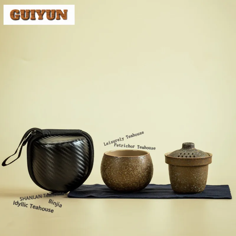 

Дорожный чайный сервиз с грубой керамикой, винтажный 1 чаша, 1 чашка, органайзер для приготовления чая, портативная сумка для кемпинга, китайский чайный сервиз, принадлежности