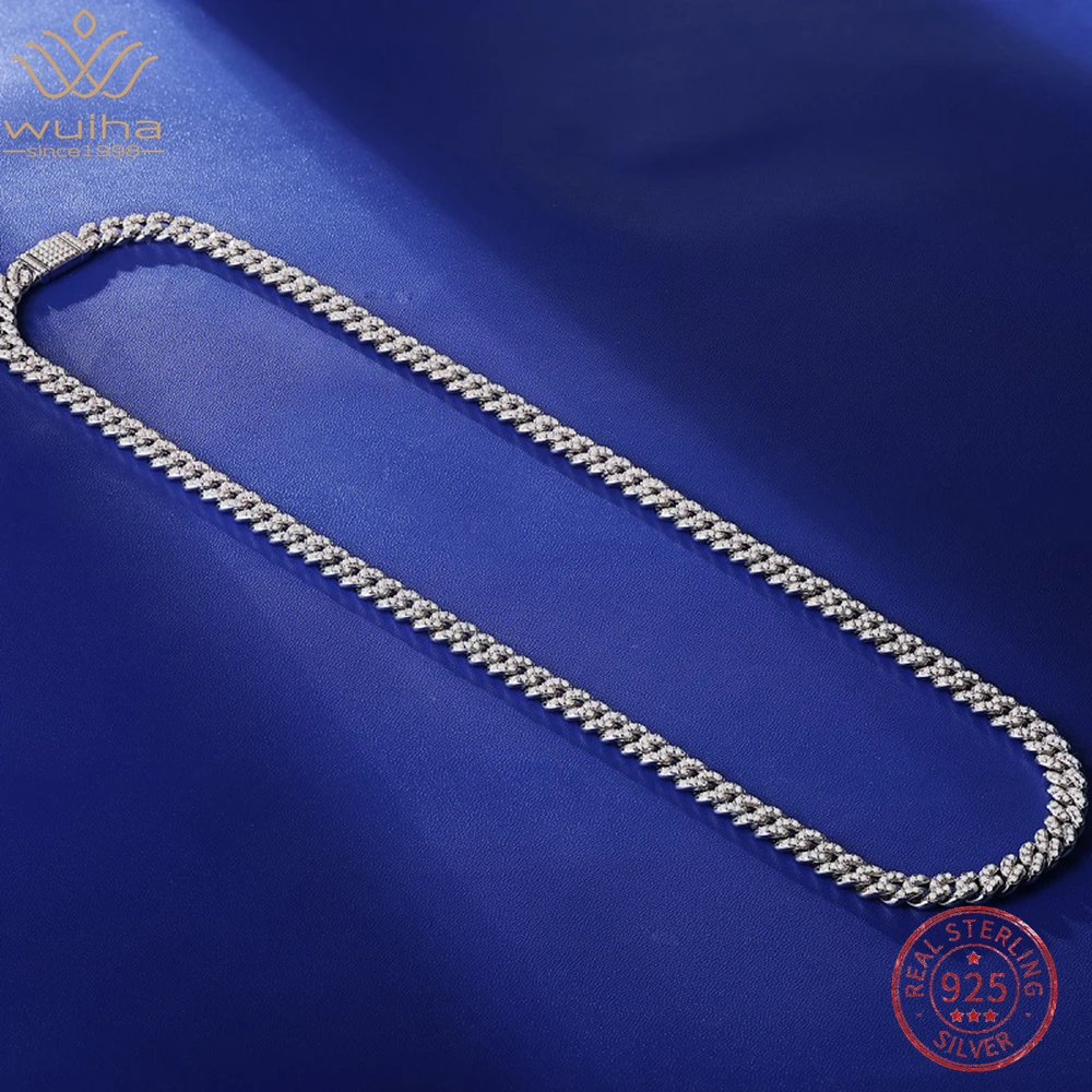 

WUIHA Real 925 Sterling Silver Sparkling GRA Full Moissanite Diamond Miami Cuba Chain Necklace Hiphop Rock Jewelry Free Shipping