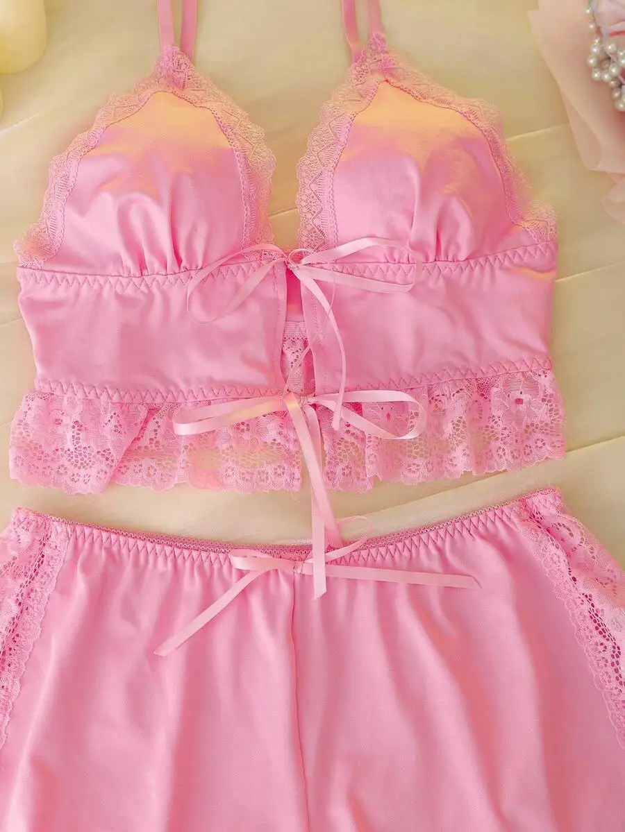 

Pink Lace Trim Tie-Up Women Pajama Set Solid Color Sleepwear