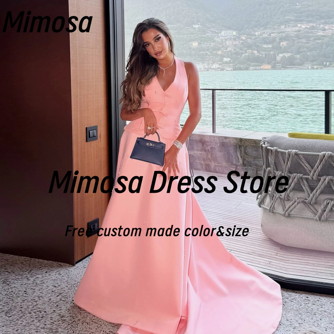 

Mimosa V Neck Prom Dresses with Bows Beaded Evening Gowns Sweep Train Satin Elegant Party Bride Wear Formal Dress Customized