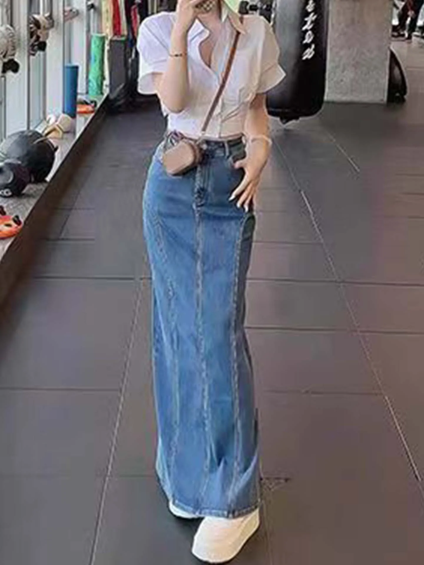 

Ретро универсальная джинсовая юбка с высокой талией для женщин, синяя, облегающая, повседневная, из хлопковой ткани, А-силуэт