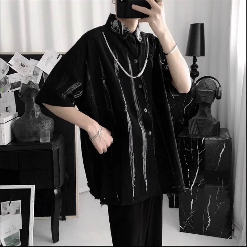 Original spring summer dark short sleeve shirt male Korean version graffiti splash-ink print loose shirt coat trend