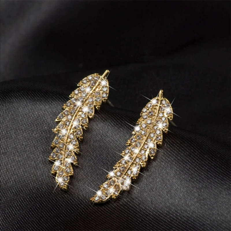 1 Pair Gorgeous Feather Ear Climbers Cuff Earrings Light Luxury Crystal Diamonden Wedding Earrings for Women Jewelry