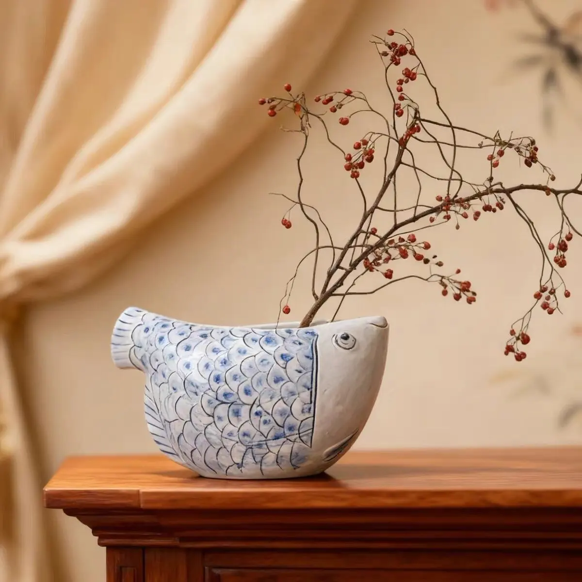 Handmade ceramic auspicious fish vase flower ware decorative ornament medium ancient style