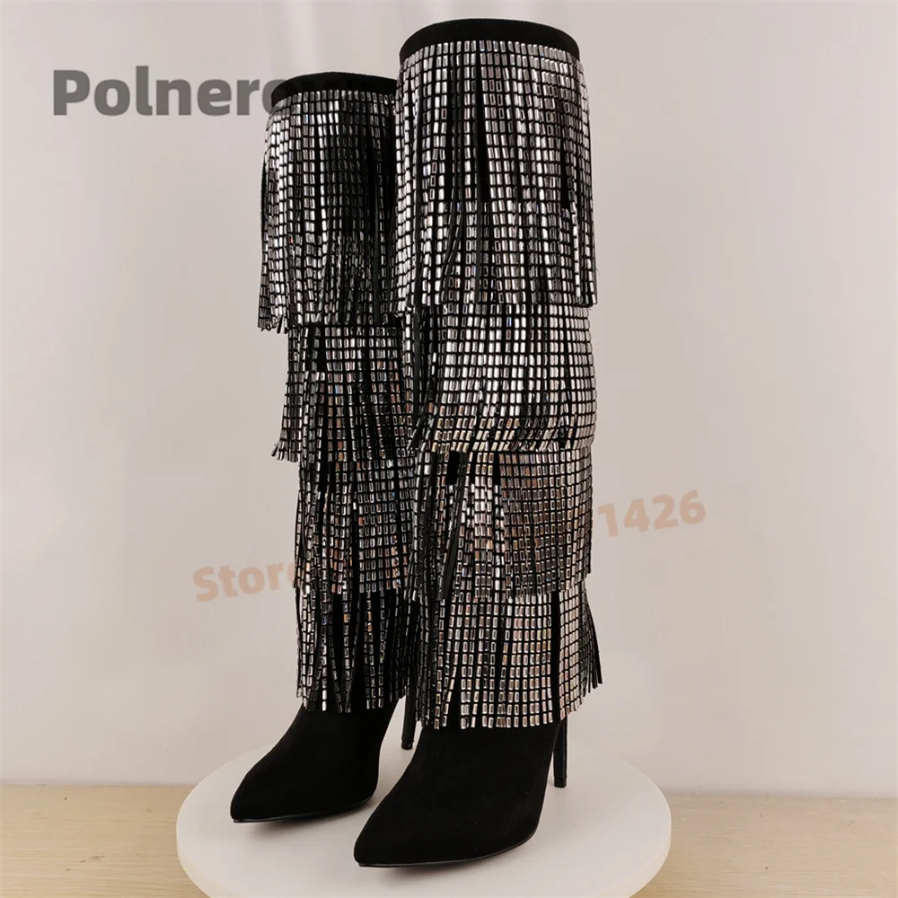 Black Suede Sequin Fringes Knee High Boots Women Pointed Toe Stiletto High Heels Shoes Trendy Sexy Long Boots Spring Autumn