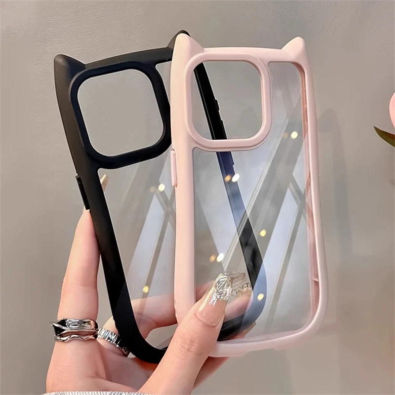 Silikonowe, odporne na wstrząsy etui na telefon Cartoon 3D Cute Cat Ears do iPhone 11 12 13 14 15 16 Pro Max X XR XS Przezroczysta akrylowa osłona