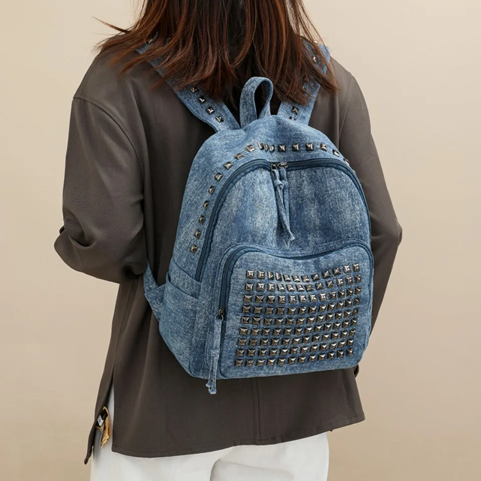 

Vintage Riveted Denim Backpack Students School Bag Large Capacity Washed Jeans Rucksack for Women Casual Travel Daypack Rucksack
