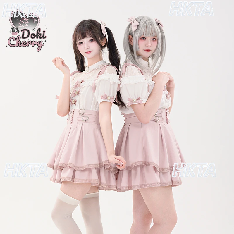 

Japanese Style Mines Mass Produced Round Neck Short Sleeved Lolita Shirts Women Lace Bow Cake Skirt Black Pink Skirt Set Ladies