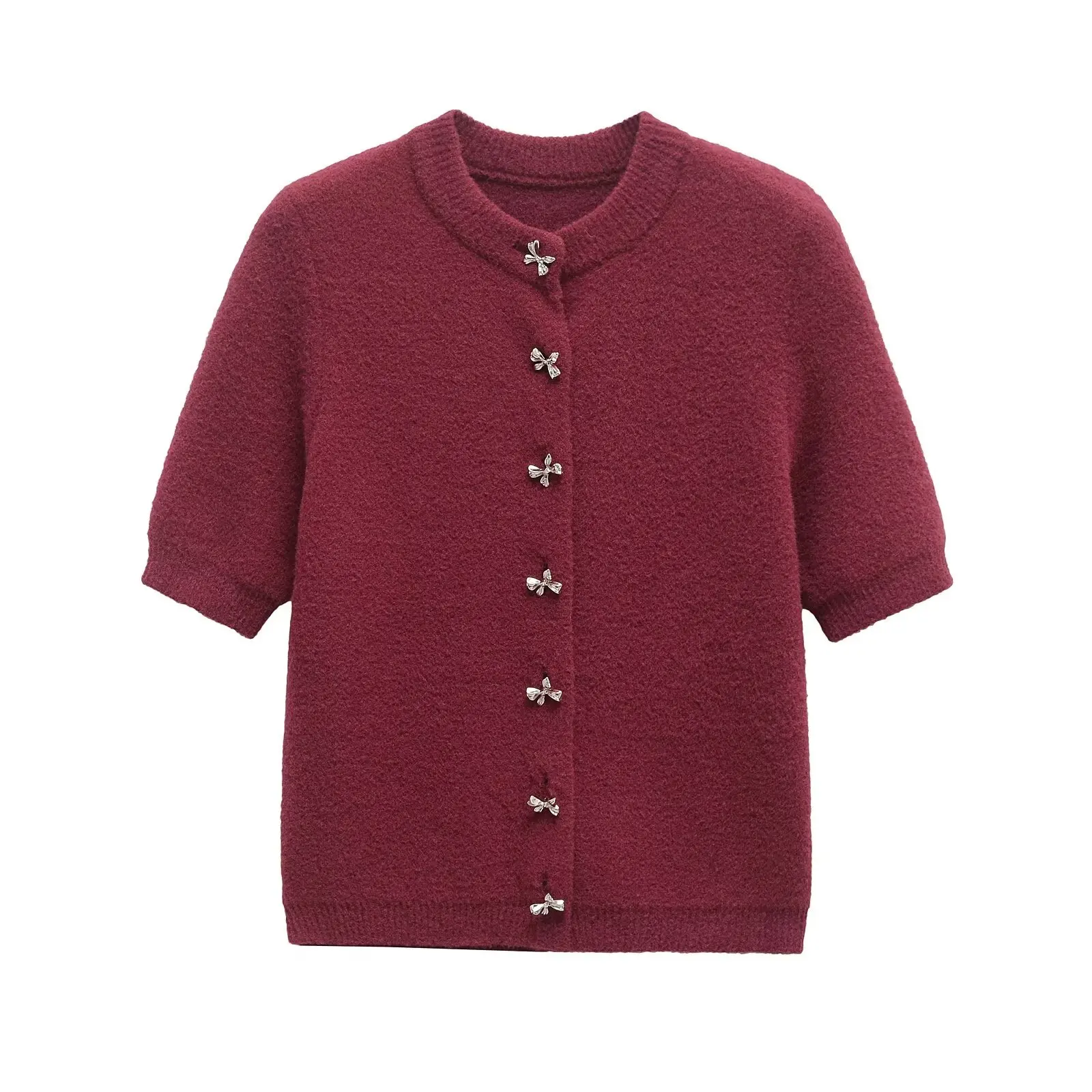 

TRAF Women 2024 Winter New Fashion Lazy Style Knitted Cardigan Short Sleeve Chic Butterfly Button Versatile Round Neck Top Mujer