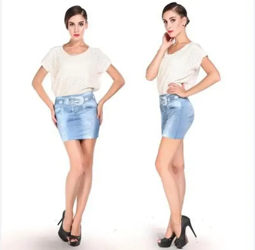 Sexy Ladies Blue Skinny Jeans Elastic Imitation Denim Bag Hip Short Mini Skirt