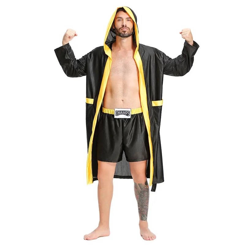 Men Hooded Thai Boxing Training Robe With Belt Edge Boxing Match Satin Boxer Jackets Cosplay Mens Long Sleeve Cloak Robe Uniform