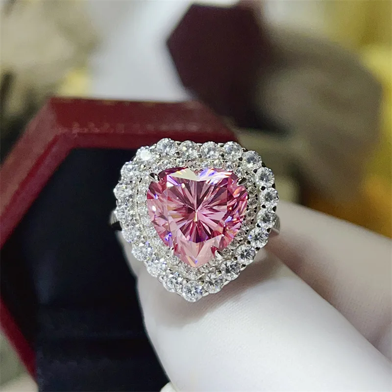 

Кольцо с бриллиантом Love Heart из настоящего 5 карат с розовым муассанитом, стерлинговое серебро 925 пробы, вечерние обручальные кольца для женщин, обручальные украшения