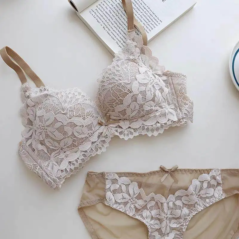 Spitzen-BH-Set im japanischen Stil für Damen, kleine Büste, Push-Up-Lift, verstellbar, Anti-Durchhängen, seitliche Unterstützung, kein Lücke, kabellos, luxuriöser Komfort AB