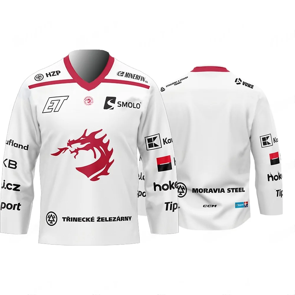 

Хоккейная футболка HC Trinec White Away с логотипом Red Dragon, Чехия, Экстрапримера