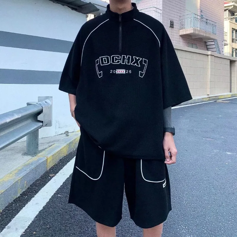 

Solid Color Sports Suit Men's Summer Loose Semi-zipper Short-sleeved Polo Shirt Casual Shorts Waffle Embroidered Two-piece Set