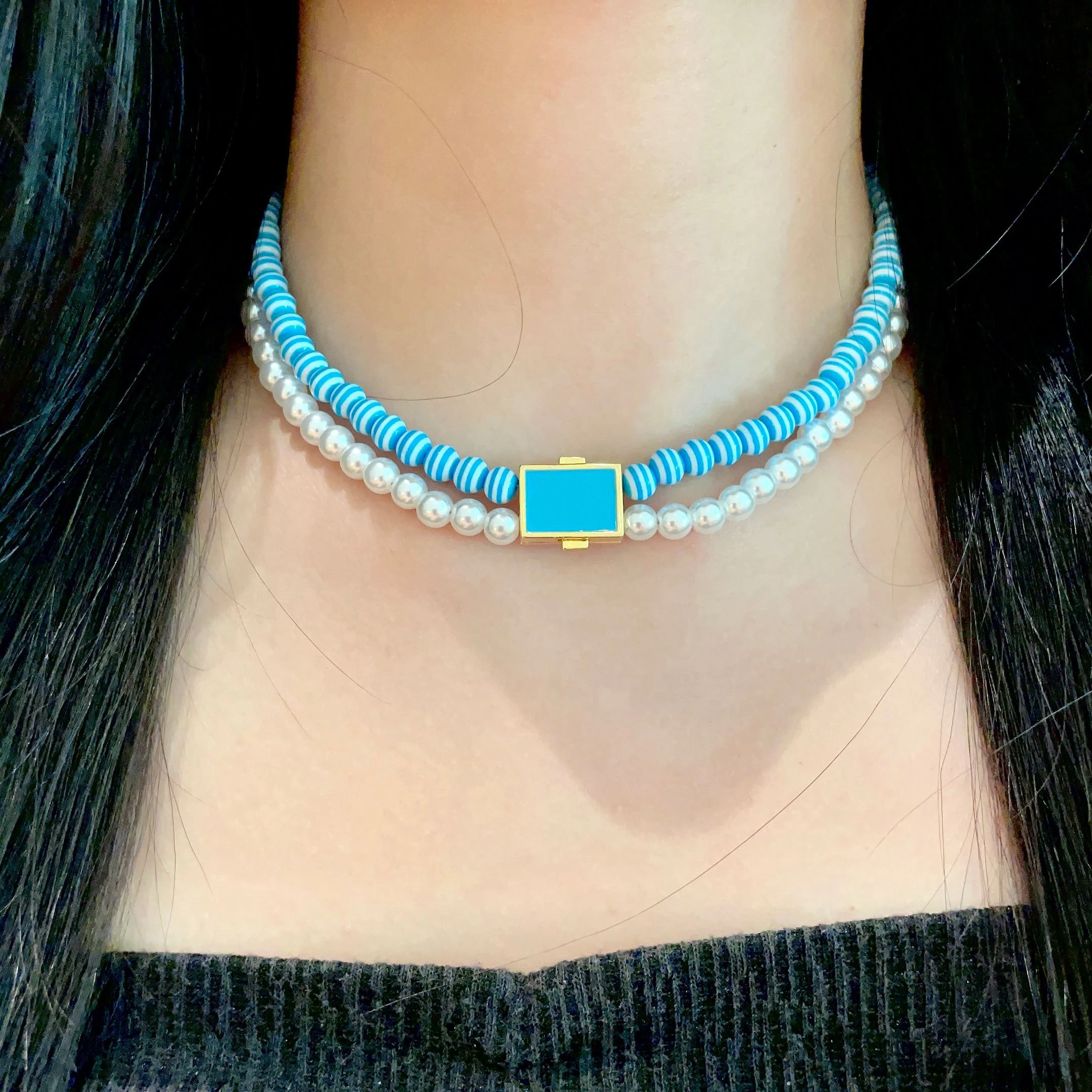 

Women's Mixed Color Striped Beaded Pearl Choker Necklace with Enamel Clasp Gold Trim Vibrant Layered Fashion Accessory