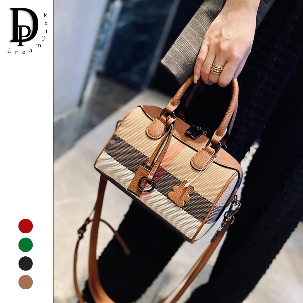 

Luxury Retro Women Bag High Quality Stripe Canvas Leather Female Crossbody Bag Vintage Elegant Boston 2023 Lady Top Handle Purse