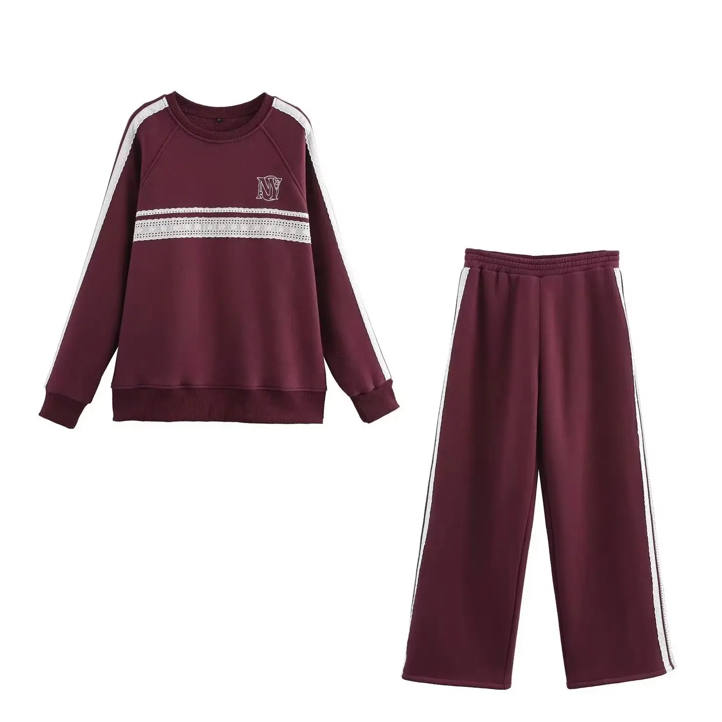 

KONDALA Chic 2025 Falll Повседневный костюм Модный свободный уличный свитер в полоску с круглым вырезом + кружевные брюки с эластичной резинкой на талии Winered Спортивный костюм