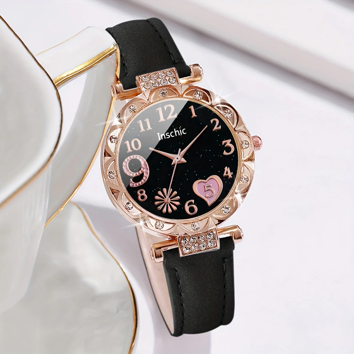 2 ชิ้น/เซ็ตโรแมนติกหัวใจ Rhinestone นาฬิกาและสร้อยข้อมือ Duo - Stylish Quartz Analog นาฬิกาพร้อมสายหนัง PU,
