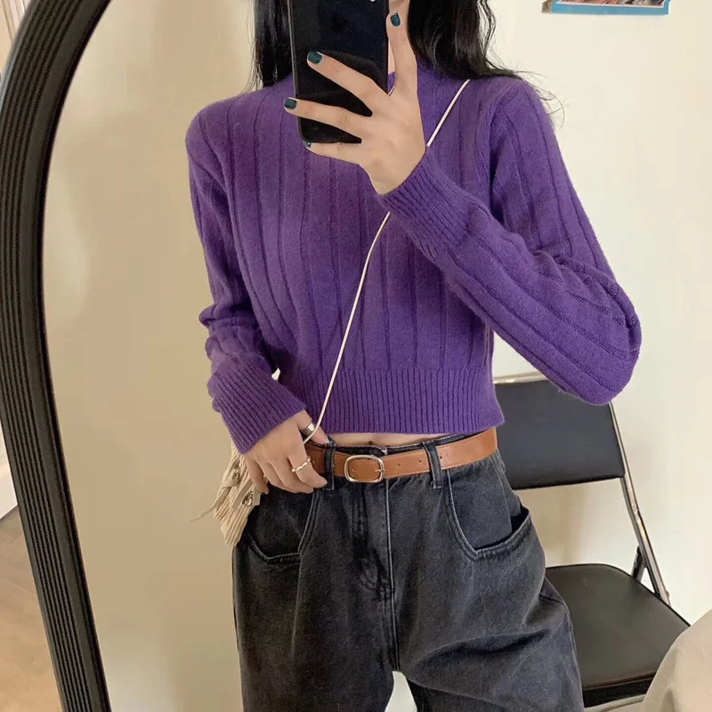 

Уютный вязаный свитер Hyu Lazy Chic с высокой талией, фиолетовый, в ностальгическом стиле, теплый, из нейлона