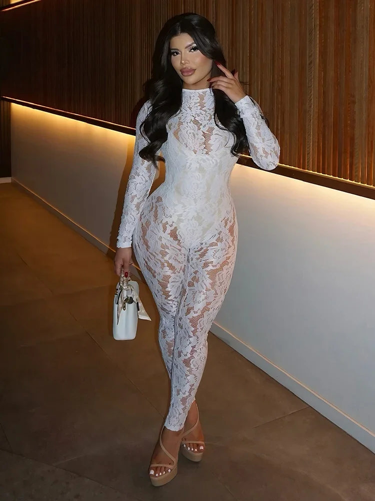 

Leosoxs Sexy Jacquard Jumpsuit Women see through Coquette Skinny Clubwear Stretch Workout Activity Midnight Hipster Overalls