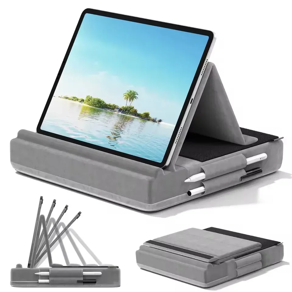 

Tablet Pillow Stand with Storage Foldable IPad Holder for Bed & Lap and Desk Angle Adjustable Soft Pad Dock with Stylus Mount