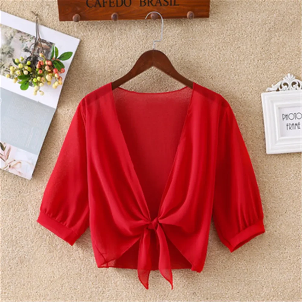 Women Wrap Jacket Half Sleeve Sheer Soft Chiffon Korean New Fashion Shrug Open Front Jacket Cardigan for Party Coat 2025