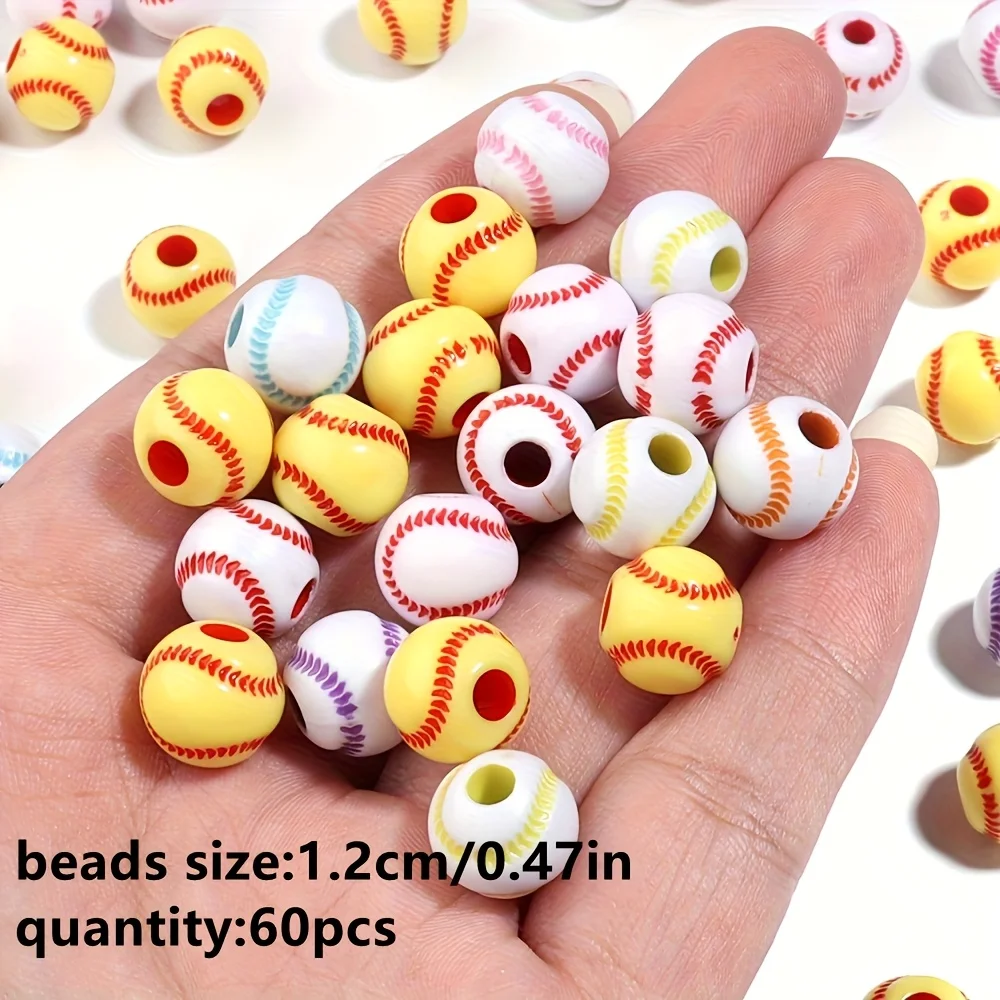 60pcs, Sports style baseball beads in multiple colors, suitable for making bracelets, small gifts, DIY handmade products