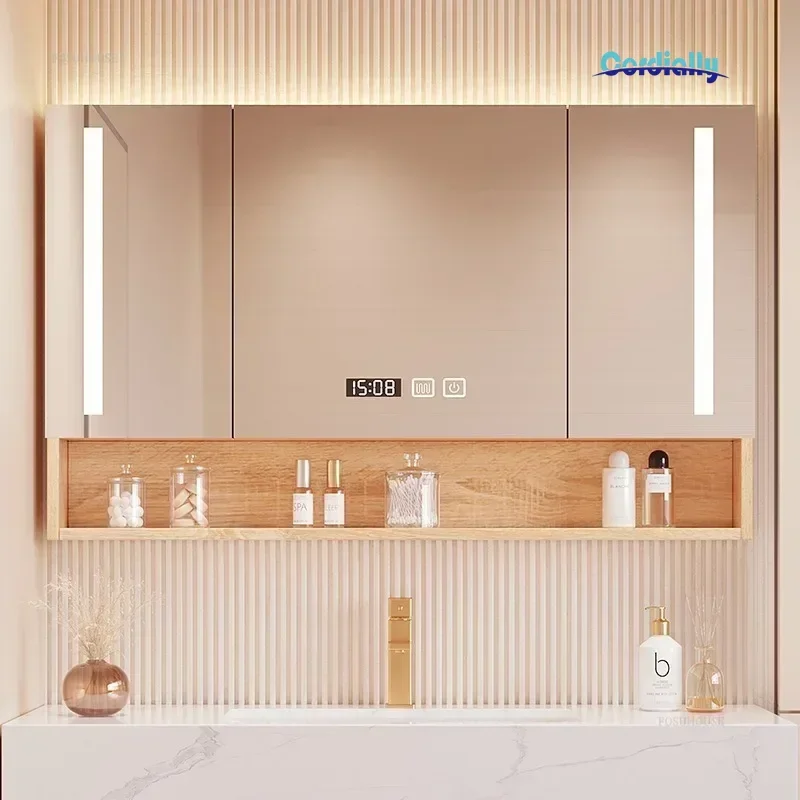 Smart LED Bathroom Mirror Cabinet Anti Fog Wall Mounted Vanity Modern Home Dimmable Storage Shelves Apartment Decor