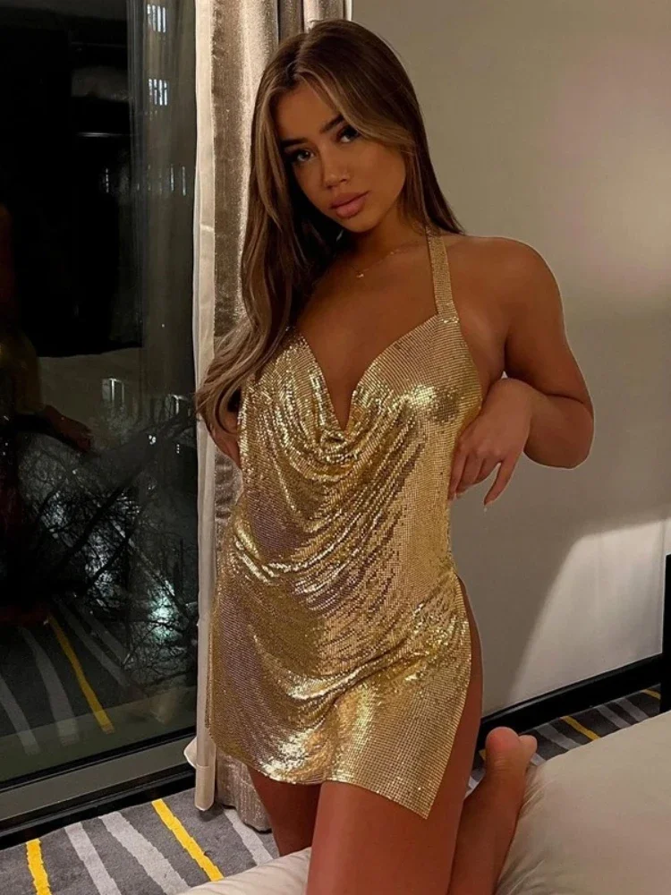 Backless Sexy Dress For Women Evening Party Outfit Side Slit One Piece Summer Clothing Bright Silk Vestidos De Mujer Mini Dress